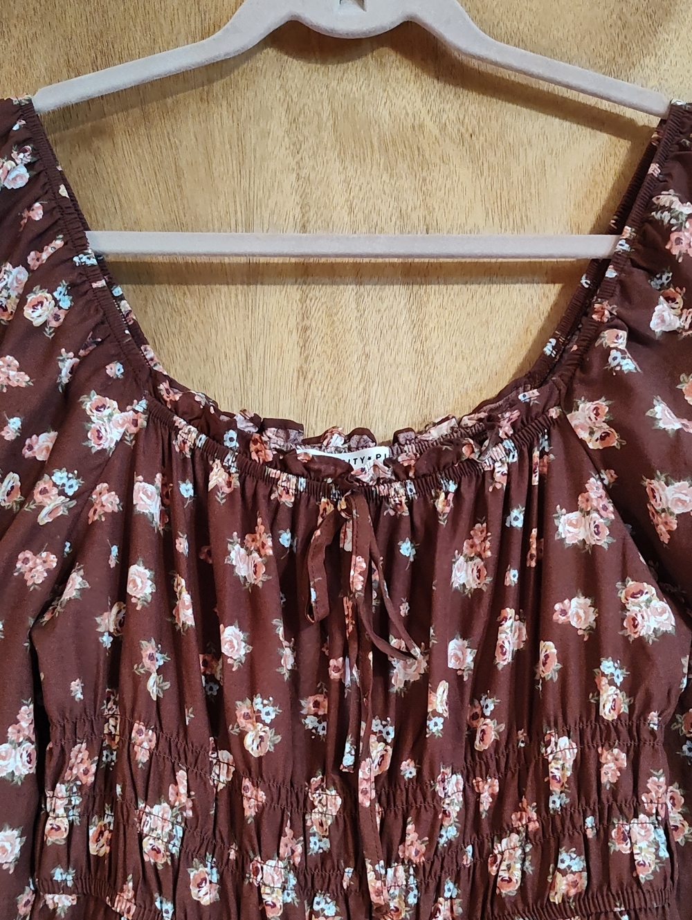 Celebrity Pink Puff Sleeve Babydoll Dress Vintage Bloom Brown Coral Smocked Med - Picture 3 of 15